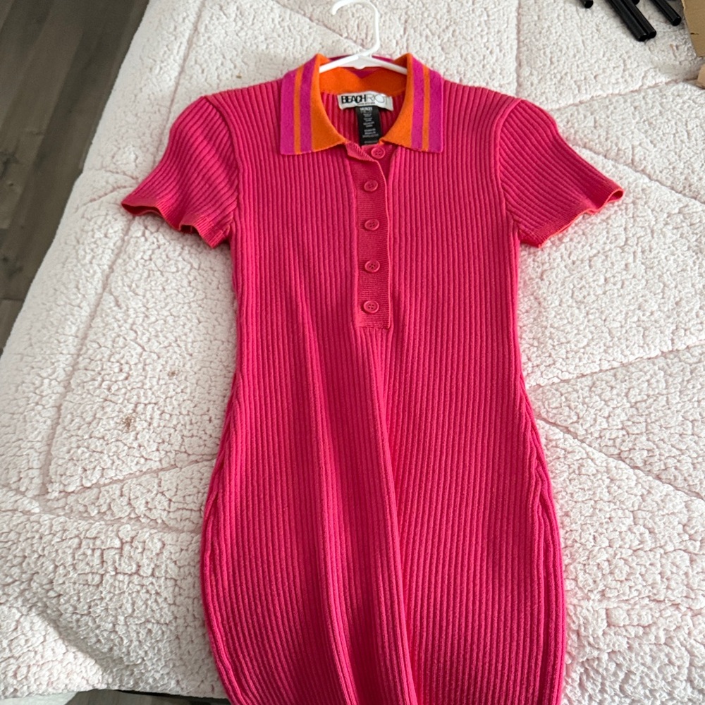 Beach Riot Pink Ribbed Mini Dress with Orange and Purple Collar